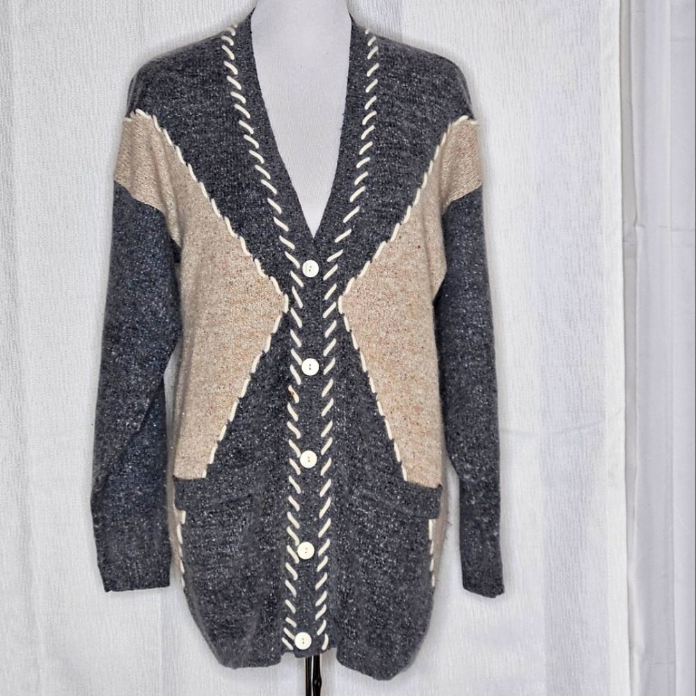 Segue Oversized Silk Blend Gray Mocha Tan Button Front Long Cardigan Sweater